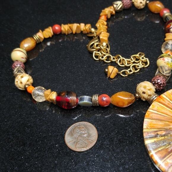 Chico's Mother of Pearl Pendant Necklace:  Art Beads & Glitter Glass Beads, 20" - Picture 6 of 8